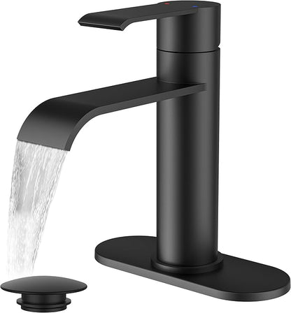 FORIOUS Black Bathroom Faucet 1 Hole, Single Handle Matte Black Waterfall Bathroom Faucet Single Hole for Rv, Lavatory, Restroom Tap with 3 Hole Adapter Deck Plate, Pop Up Drain and 24" Supply Hose