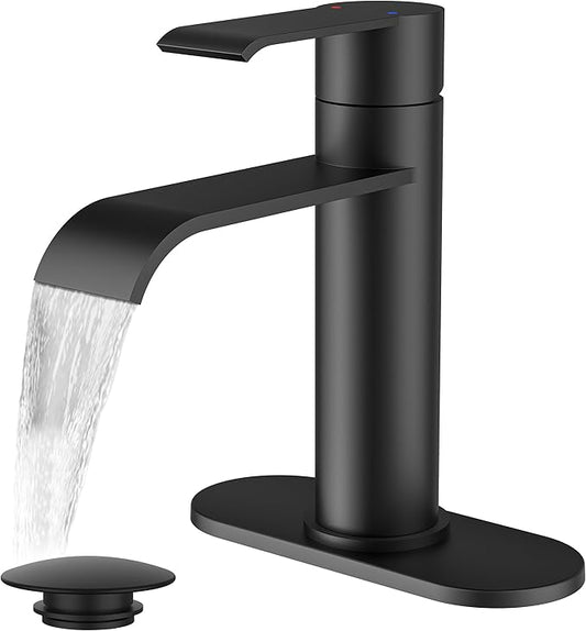 FORIOUS Black Bathroom Faucet 1 Hole, Single Handle Matte Black Waterfall Bathroom Faucet Single Hole for Rv, Lavatory, Restroom Tap with 3 Hole Adapter Deck Plate, Pop Up Drain and 24" Supply Hose