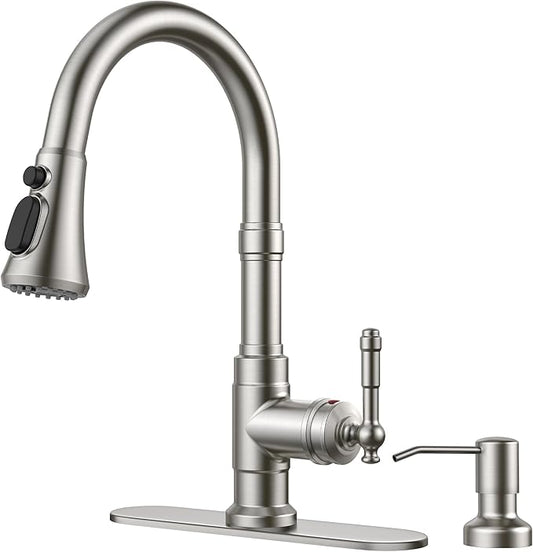 FORIOUS Vintage Kitchen Faucet with Soap Dispenser and Pull Down Sprayer, Brushed Nickel High Arc Single Handle Stainless Steel Classic Sink Faucet for Farmhouse Camper Rv Bar, Fit for 1 or 3 Hole
