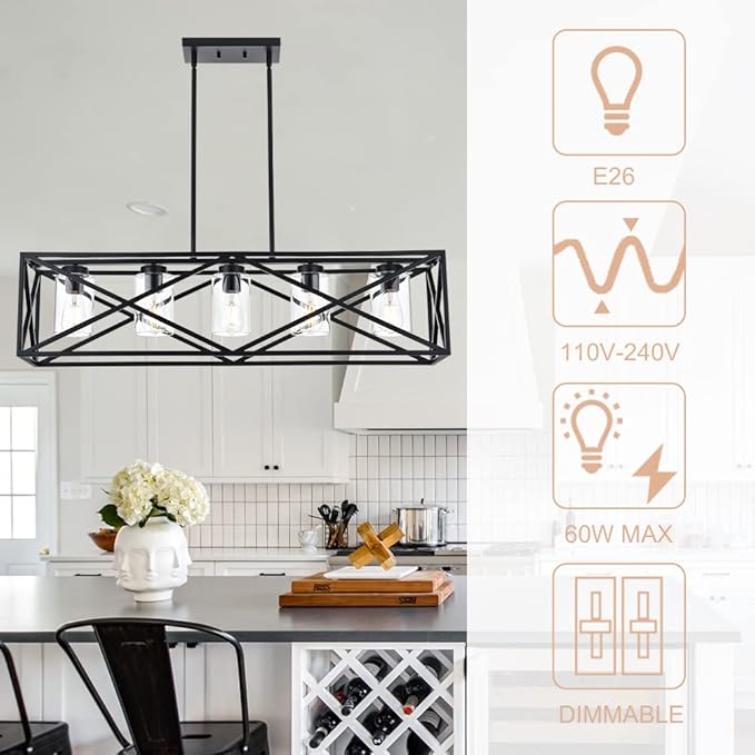 5-Lights Farmhouse Kitchen Island Light in Black Finish, Vintage Rectangular Linear Pendant Lighting Fixtures with Clear Glass Shades for Bar Pool Table