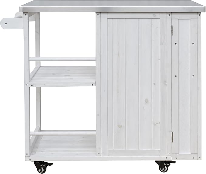 MERITLINE Outdoor Kitchen Island with Stainless Steel Top, Lockable Wheels & Towel Rack, Mobile BBQ Prep Cart with Hidden Cabinet, Drawer, Shelves for Patio, Garden, Backyard, White