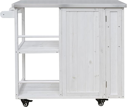 MERITLINE Outdoor Kitchen Island with Stainless Steel Top, Lockable Wheels & Towel Rack, Mobile BBQ Prep Cart with Hidden Cabinet, Drawer, Shelves for Patio, Garden, Backyard, White