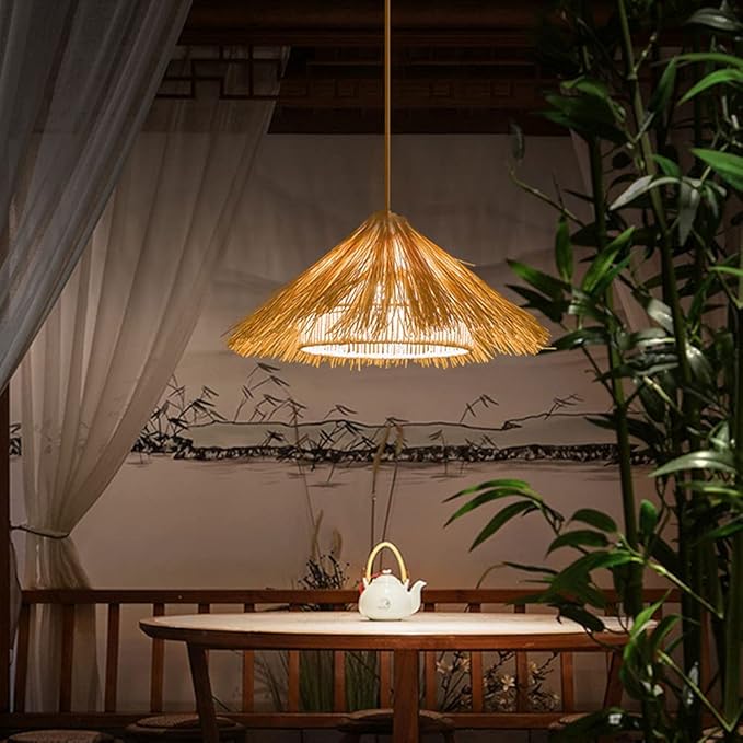 Pendant Lamp Tropical Single Light Bamboo Pendant Light Kitchen Rattan Hanging Light Modern Light Fixtures Ceiling Hanging for Living Room Dining Room, Kitchen, Restaurant