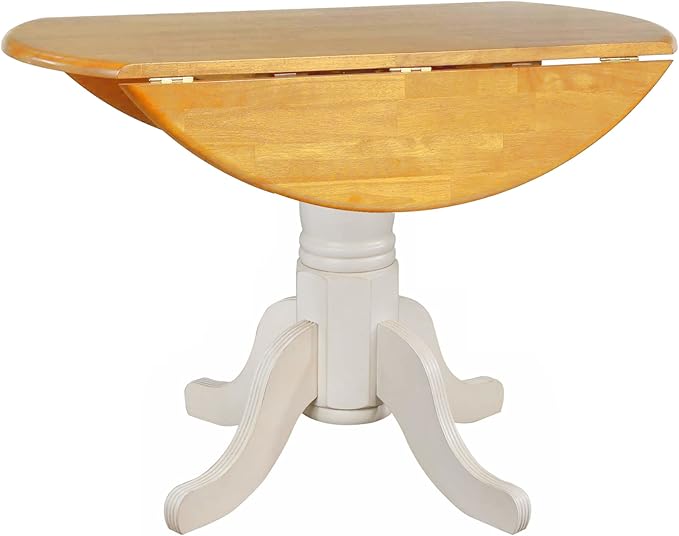 Sunset Trading Oakley Selections 42" Round Extendable Drop Leaf Table | Antique White/Light Oak Solid Wood| Seats 4 | Dining Room Kitchen Furniture