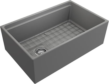BOCCHI Contempo Workstation Apron Front Step Rim Fireclay 30 in. Single Bowl Kitchen Sink with Accessories in Matte Gray