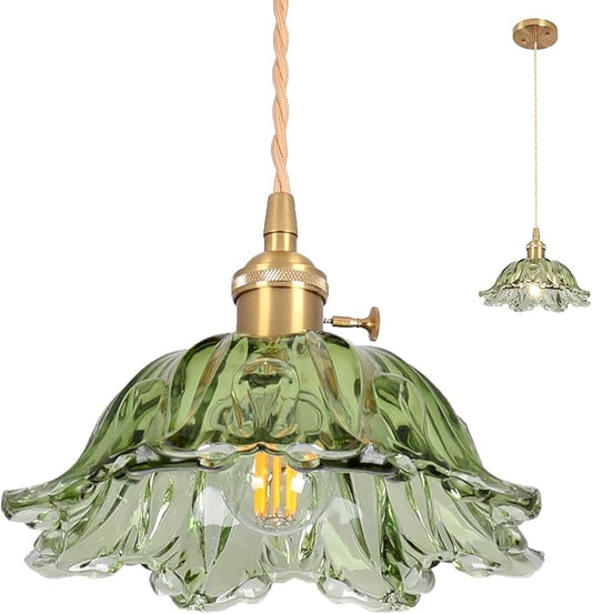 Glass Pendant Light Vintage Light Fixtures,Green Modern Chandelier Pendant,E26 Pendant Lights Kitchen Island,10.6 inch Hanging Lamp for Bedroom Hotel Dining Room 1 Light
