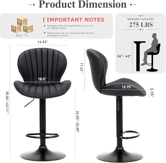COLAMY Bar Stools Set of 3, Adjustable Modern Swivel Bar Chairs, Faux Leather Upholstered Barstools Counter Height with High Backrest for Bar, Kitchen Island, Dining Room, Black