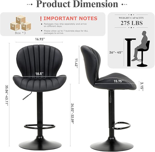 COLAMY Bar Stools Set of 6, Modern Swivel Bar Chairs, Adjustable Faux Leather Upholstered Barstools Counter Height with High Backrest for Bar, Kitchen Island, Dining Room, Black