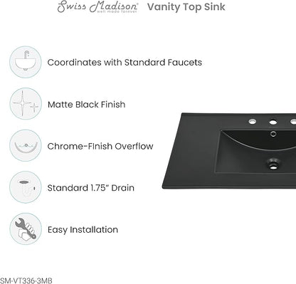 36" Ceramic Vanity Top with Three Faucet Holes in Matte Black