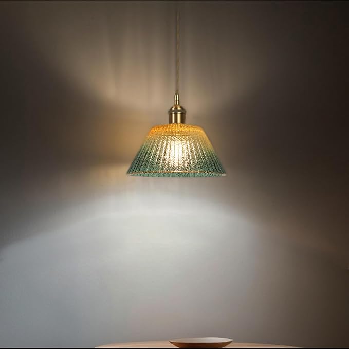 Glass Pendant Light Fixtures Adjustable Hanging Lamp, Gold Green Glass Pendant Lights Kitchen Island Dining Room Hallway Bedroom Living Room, LED Bulb Included