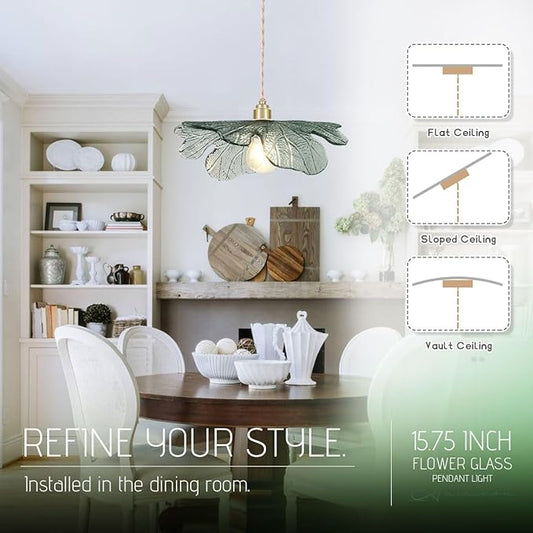 Gold Modern Brass Pendant Lights 15.74" Large Ceiling Hanging Light with Dark Green Glass Shade, Adjustable Glass Pendant Light for Dining Room Bedroom Hallway, 1-Light