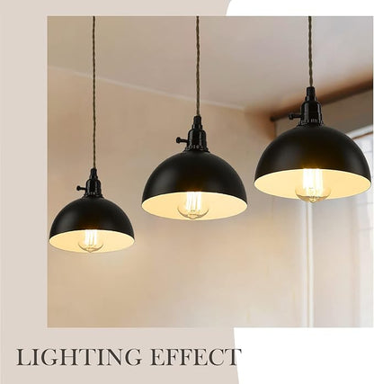 zeyu Triple Pendant Light with Plug in Cord - Industrial 3-Light Hanging Lamps with 29FT Twisted Hemp Rope Switch, Metal Dome Shade in Black Finish, ZYC49-3 BK