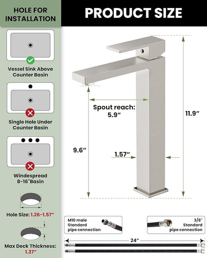 gotonovo Vessel Sink Faucet Single Handle Tall Bathroom Faucet One Hole Modern Lavatory Vanity Basin Mixer Tap Matching Supply Hoses and Pop up Drain Without Overflow, Brushed Nickel