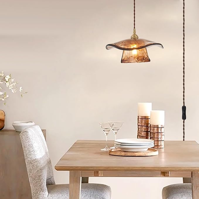 YLONG-ZS Hanging Lights with Plug in Cord,Hanging Lamp Plug in Gold Vintage Glass Pulley Brass Modern Pendant Lights for Kitchen Island,Dining Room, Living Room,Bedroom