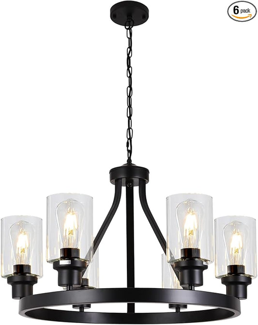 6-Light Farmhouse Chandelier Wagon Wheel Pendant Light Fixtures for Dining Room Living Room Island Kitchen Foyer Bedroom, Modern Black Industrial Rustic Adjustable Height Metal E26 Base