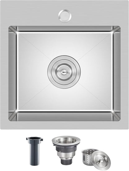 MENATT 18 inch Kitchen Sink Drop-In Brushed，304 Stainless Steel Handmade Single Faucet Hole Single Bowl Small Topmount Kitchen Bar Sink, D18" x W18" x H9"