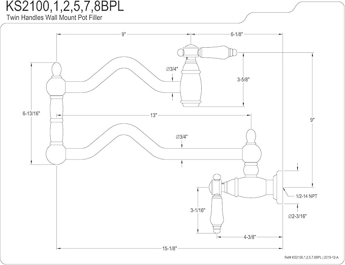 Kingston Brass KS2108BPL Bel Air Wall Mount Pot Filler, Brushed Nickel