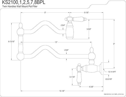 Kingston Brass KS2108BPL Bel Air Wall Mount Pot Filler, Brushed Nickel