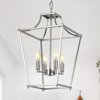 Lantern Pendant Lights, 12" Brushed Nickel Pendant Light Fixtures, 4-Light Adjustable Pendant Lighting for Kitchen Island Dining Room Living Room Foyer Stairway
