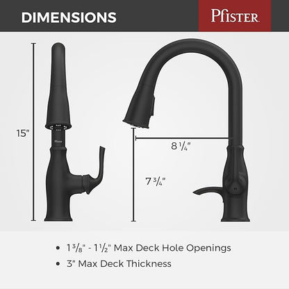 Pfister Rosslyn Kitchen Faucet with Pull Down Sprayer and Soap Dispenser, Single Handle, High Arc, NSF Certified, Matte Black Finish, F5297RSSRB