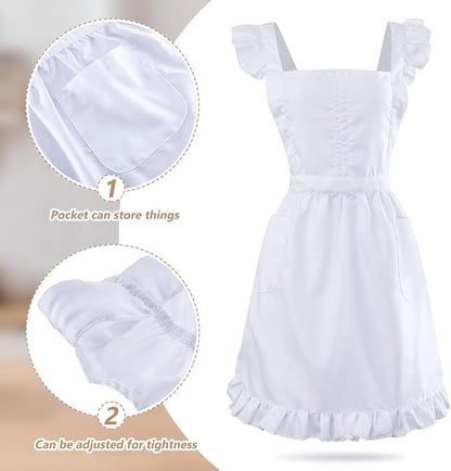 Geyoga Aprons for Women with Pockets Kitchen Cooking Waitress Maid Apron Vintage Skirt Cute Ruffle Dress Costume(White,Long Style)