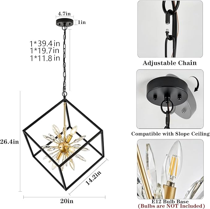 Farmhouse Chandelier,6-Lights Industrial Rustic Dining Room Pendant Light,Adjustable Hanging Candle Light Fixtures for Kitchen Island Living Room Foyer (Black/Gold/Crystal-6 Lights)
