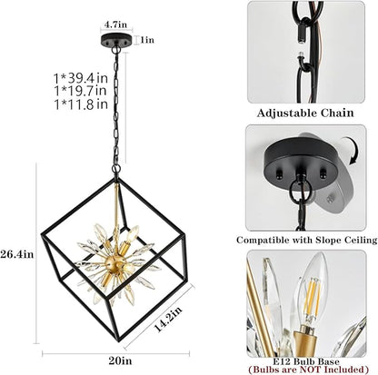 Farmhouse Chandelier,6-Lights Industrial Rustic Dining Room Pendant Light,Adjustable Hanging Candle Light Fixtures for Kitchen Island Living Room Foyer (Black/Gold/Crystal-6 Lights)