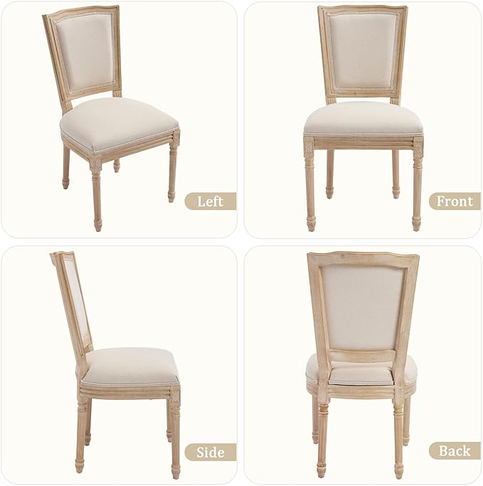 Farmhouse Vintage Dining Chairs Set of 6, Linen Fabric Dining Chairs with Square Rattan Backrest, Kitchen & Dining Room Chairs for Restaurant/Living Room (Beige-Padded, Set of 6)