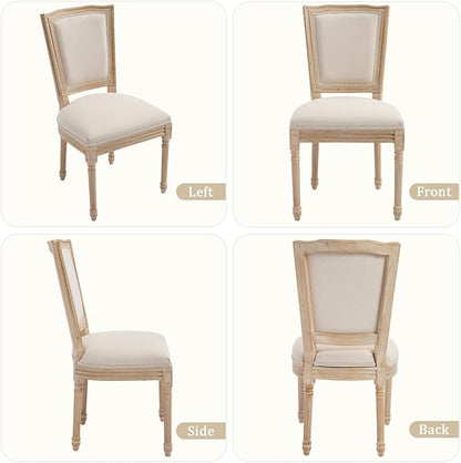 Farmhouse Vintage Dining Chairs Set of 4, Linen Fabric Dining Chairs with Square Rattan Backrest, Kitchen & Dining Room Chairs for Restaurant/Living Room (Beige-Padded, Set of 4)