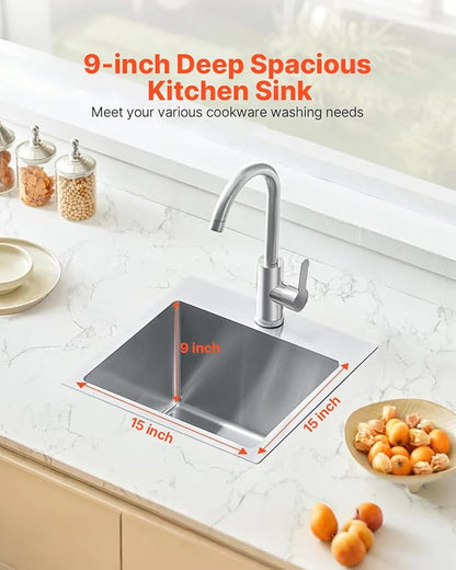 VEVOR 33" Kitchen Workstation, 304 Stainless Steel Top Mount, Built-in Single Bowl Farmhouse with Accessories, Home Dishwasher Sink, for RV, Prep Kitchen and Bar (Black) (Silver, 15IN)