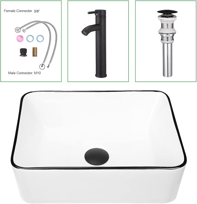Modern 16" x 12" Rectangle Vessel Sink with Faucet, White Porcelain Above-Counter Bathroom Basin with Black Edge, Stylish Vanity Countertop Sink for Powder Room & Small Spaces