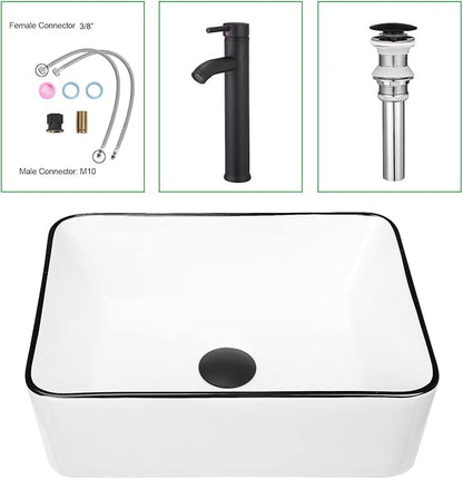 Modern 16" x 12" Rectangle Vessel Sink with Faucet, White Porcelain Above-Counter Bathroom Basin with Black Edge, Stylish Vanity Countertop Sink for Powder Room & Small Spaces