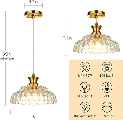 Glass Pendant Lights Kitchen Island, 11.8" Vintage Lighting Glass Light Fixtures Brushed Gold Modern Glass Chandelier Hanging Ceiling for Dining Living Room Restaurant Bedroom Foyer Entryway