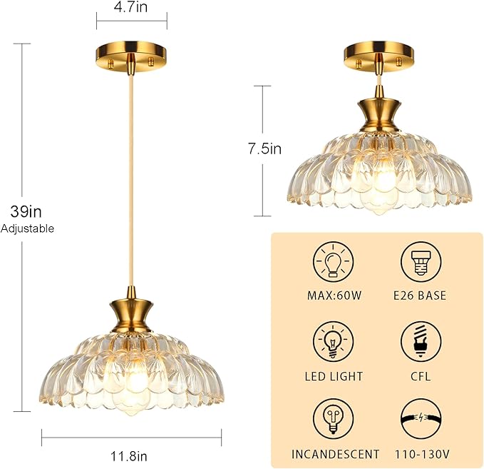 2Pack Glass Pendant Lights Kitchen Island, 11.8" Vintage Lighting Glass Light Fixtures Brushed Gold Modern Chandelier Hanging Ceiling for Dining Living Room Restaurant Bedroom Foyer