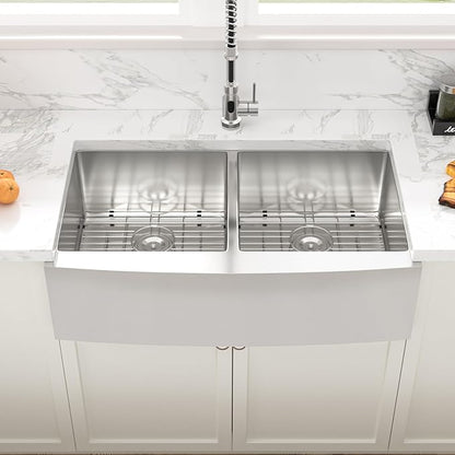 Sarlai 36 Farmhouse Kitchen Sink Stainless Steel Double Bowl - 36 Inch Farm Sink Apron Front Double Bowl 50/50 Stainless Steel 16 Gauge Farmer Kitchen Sinks Basin