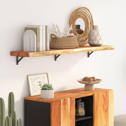 Solid Acacia Wood Live Edge Shelf Wall Mounted for Decorative Items with Shelf Supporting 165.3 lbs, Rustic Wall for Living Room, Natural Brown Acacia Wood 15.7 x 11.8 x 1.0 Inches
