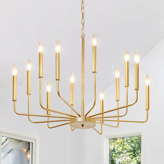 Gold Farmhouse Chandelier, Industrial Metal 12-Light Candle Chandeliers, Rustic Pendant Lighting for Kitchen Island, Dining Room, Living Room, Staircase