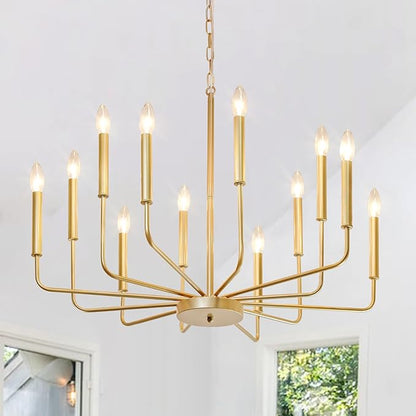 Gold Farmhouse Chandelier, Industrial Metal 12-Light Candle Chandeliers, Rustic Pendant Lighting for Kitchen Island, Dining Room, Living Room, Staircase