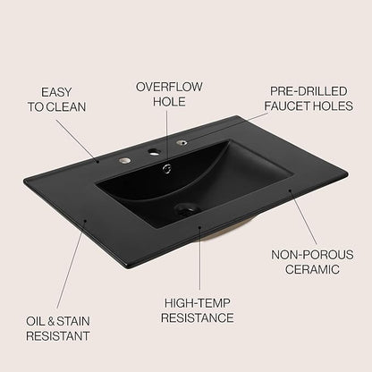 JONATHAN Y SNK1002B Ancillary 3-Hole 30 in. W x 18.25 in. D Classic Contemporary Rectangular Ceramic Single Sink Basin Vanity Top, Black
