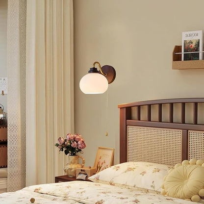 Solid Wood Wall Light Retro Wall Sconce with Pull Chain Switch, Bathroom Vanity Light Fixture, Glass Shade Wall Lamps for Living Roon Halklway Bedroom, E27 Haedwired