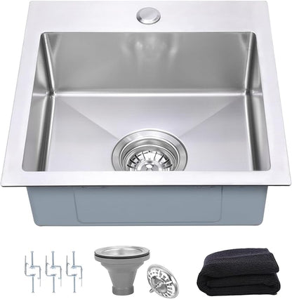 15 Inch Drop In Bar Sink，18-Gauge Small Kitchen Sink Stainless Steel with 3D Embossed Texture，Single Bowl Square Design