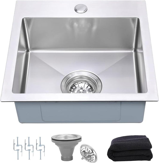 15 Inch Drop In Bar Sink，18-Gauge Small Kitchen Sink Stainless Steel with 3D Embossed Texture，Single Bowl Square Design