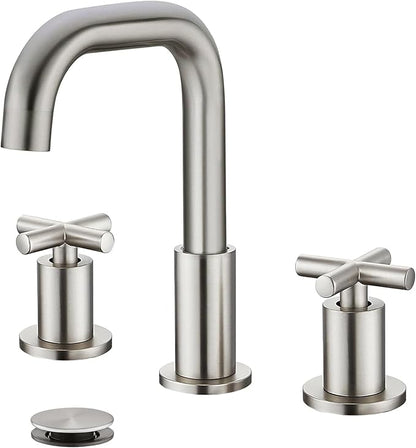 gotonovo 8 inch Widespread 3 Hole Bathroom Sink Faucet,2 Cross Handle Vanity Faucet Deck Mount Basin for Bathroom Sink 360° Swivel Spout with Pop Up Drain Brushed Nickel
