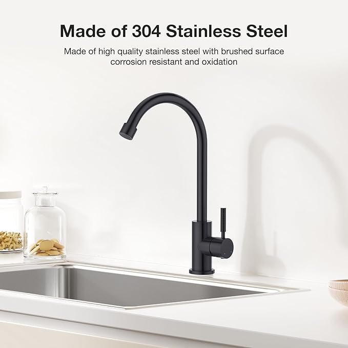 CREA Matte Black Faucet for Kitchen Bar Outdoor Sink 1 Hole 3Holes(with Deck Plate)，High Arc 360°Swivle Single Handle Tap Brushed 304 Stainless Steel