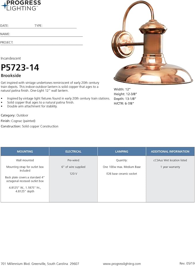 Progress Lighting Brookside Collection 1-Light Outdoor Wall Light, Exterior Wall Lights for Garage Lights, Porch Light, Garages, 12" by 12.375", Copper Finish