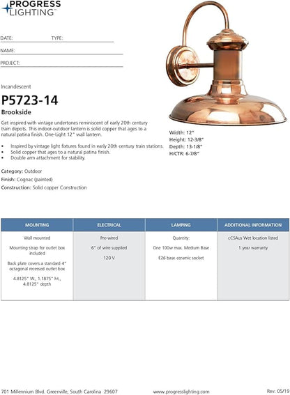 Progress Lighting Brookside Collection 1-Light Outdoor Wall Light, Exterior Wall Lights for Garage Lights, Porch Light, Garages, 12" by 12.375", Copper Finish