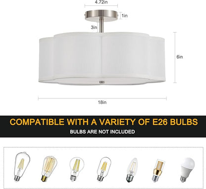 18" Modern Semi Flush Mount Ceiling Light Modern 3-Lights Linen Drum Ceiling Lighting with Chrome Finish, Vintage Ceiling Light for Living Room, Kitchen, Basement, Laundry Room, Bedroom