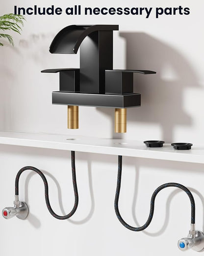 gotonovo Waterfall 4 Inch Centerset Bathroom Sink Faucet 2 Handle Basin Faucets 2 or 3 Hole Deck Mount with Pop Up Drain Included Lavatory Modern Mixer Tap Vanity Faucet Matte Black