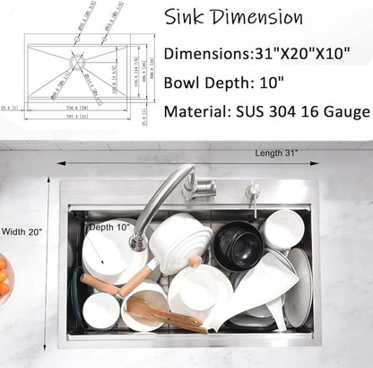 31 Inch Drop In Kitchen Sink Workstation- Wesliv 31x20 Stainless Steel Kitchen Sink Single Bowl Top Mount Workstation 16 Gauge Handmade Overmount Sinks with Cutting Board