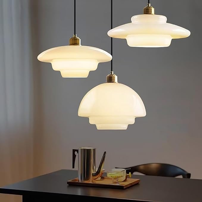 Vintage 12.6in White Glass Pendant Light Modern Spherical Hanging Lamp with Gold Metal Socket for Kitchen Island Dining Room Bedroom Living Room Hallway (12.6in)